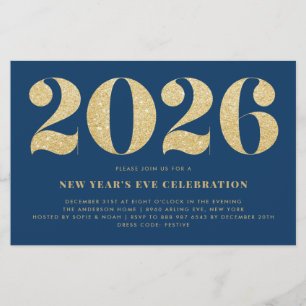 Gold Glitter Blue New Year's Eve Party Invitation