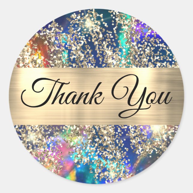Gold glitter blue opal thank you sticker (Front)