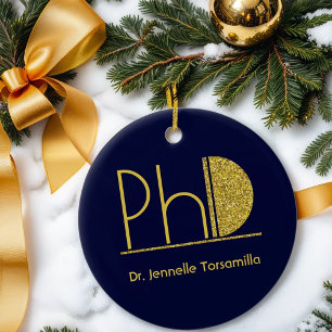 Gold Glitter Blue PhD Graduation Ceramic Tree Decoration