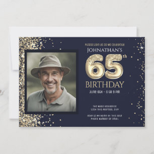 Gold Glitter Blue Photo 65th Birthday Party adjust Invitation