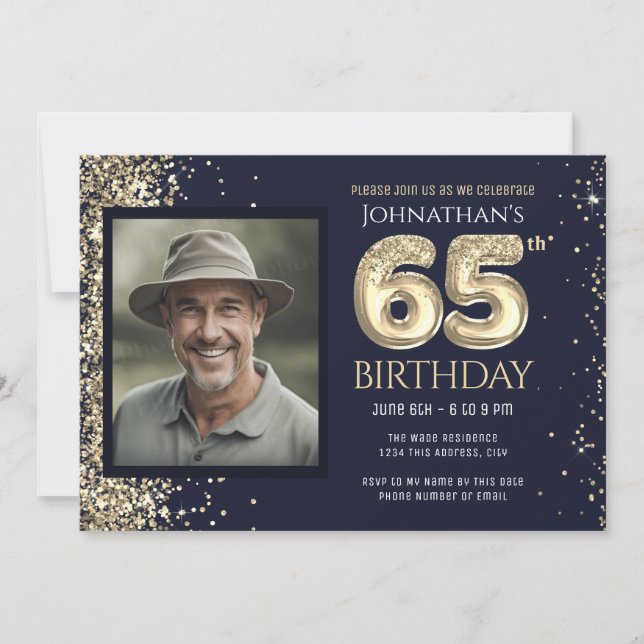 Gold Glitter Blue Photo 65th Birthday Party  Invitation (Front)