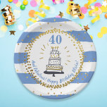 Gold Glitter Blue Stripe Any Age Happy Birthday Paper Plate<br><div class="desc">Celebrate the birthday girl in style with these fun and festive paper plates featuring a blue and white stripe pattern accented with faux gold glitter confetti dots and a hand drawn birthday cake.  Add her age,  her name and custom text.</div>