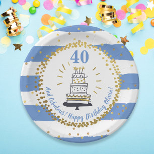 Gold Glitter Blue Stripe Any Age Happy Birthday Paper Plate