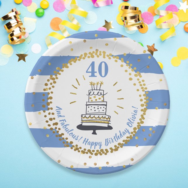 Gold Glitter Blue Stripe Any Age Happy Birthday Paper Plate (Creator Uploaded)