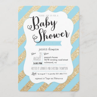 Gold Glitter & Blue Stripes Baby Boy Shower Invite