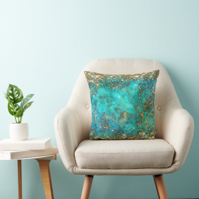 Gold Glitter Blue Turquoise Gemstone Fire Glam Cushion (Chair)