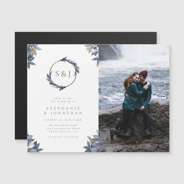 Gold Glitter & Blue Wreath Monogram Wedding Photo Magnetic Invitation (Front/Back)