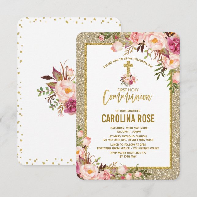 Gold Glitter Blush Floral Holy Communion Baby Girl Invitation (Front/Back)