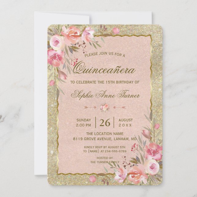 Gold Glitter Blush Floral Quinceañera Birthday Invitation (Front)