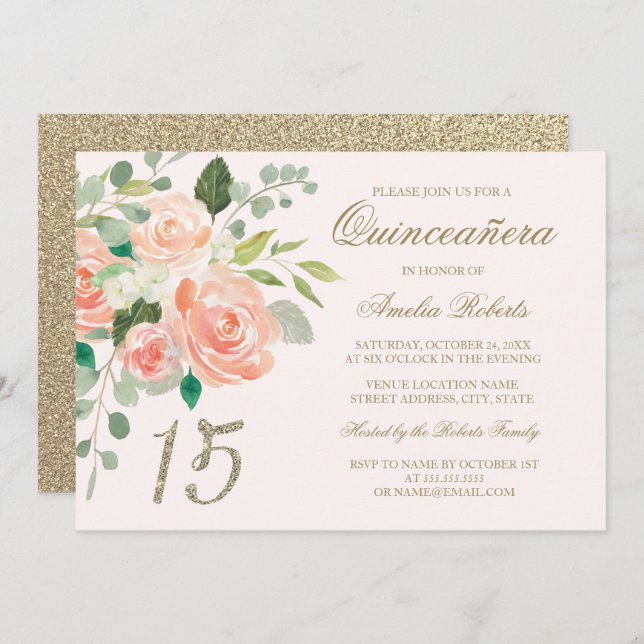 Gold Glitter Blush Peach Floral Quinceanera Invitation (Front/Back)