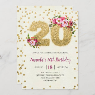 Gold Glitter Blush Pink 20th Birthday Invitation