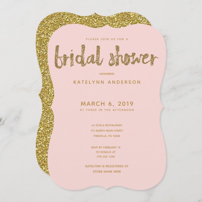Gold Glitter Blush Pink Bridal Shower Invitation (Front/Back)