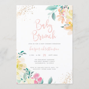 Gold Glitter Blush Pink Floral Baby Shower Brunch Invitation