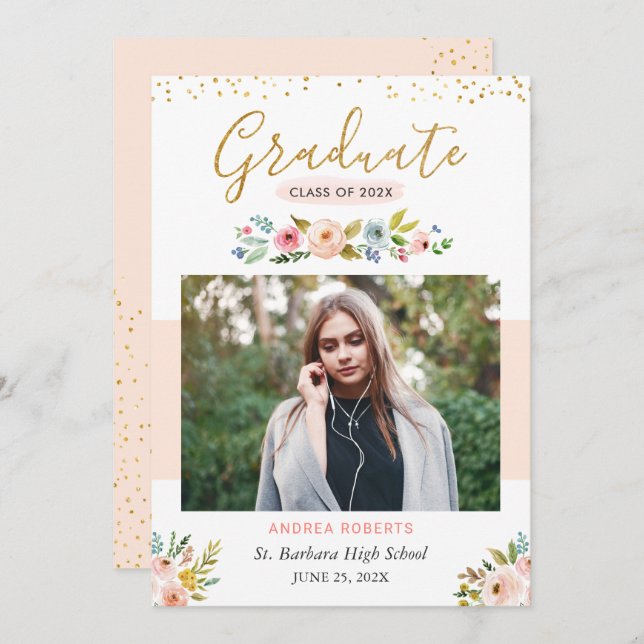 Gold Glitter Blush Pink Floral Photo Graduation Announcement (Front/Back)