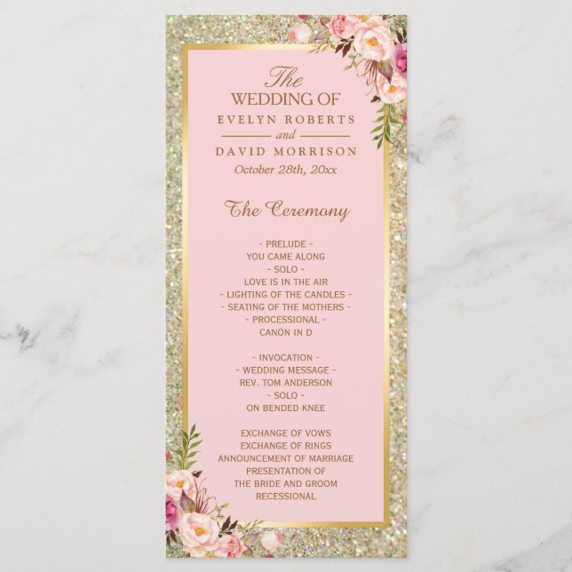 Gold Glitter Blush Pink Floral Wedding Program Programme (Front)