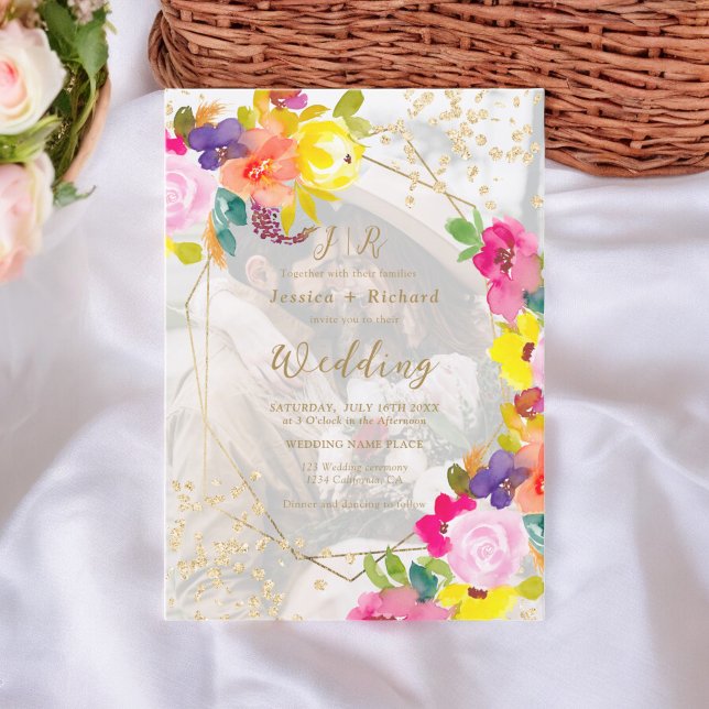 Gold glitter boho bold floral 2 photos wedding invitation (Gold glitter boho bold floral 2 photos wedding invitation)
