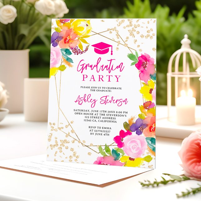 Gold glitter boho bold floral photo graduation invitation (Gold glitter boho bold floral photo graduation invitation)