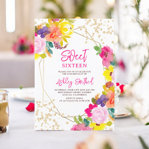 Gold glitter boho bold floral photo Sweet 16 Invitation