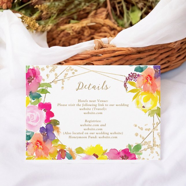 Gold glitter boho bold floral wedding chic details enclosure card (Gold glitter boho bold floral wedding chic details enclosure card)