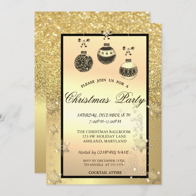 Gold Glitter Bokeh,Christmas Balls Company Party Invitation (Front/Back)