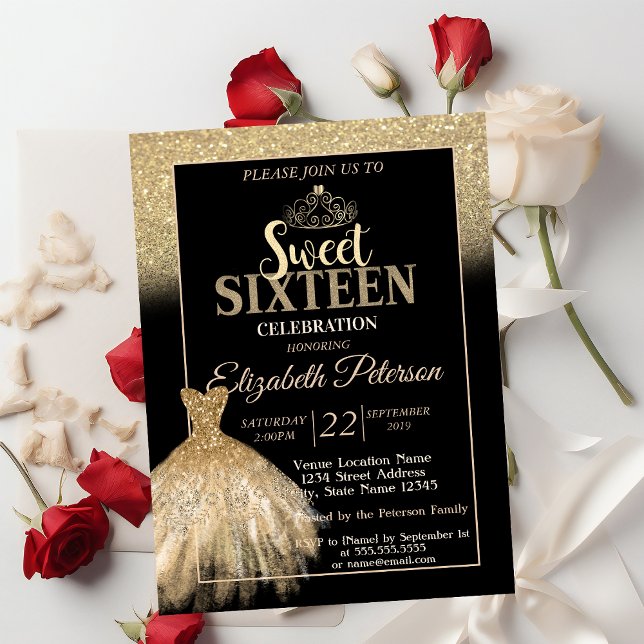 Gold Glitter Bokeh Ombre,Tiara,Dress Sweet 16 Invitation (Creator Uploaded)