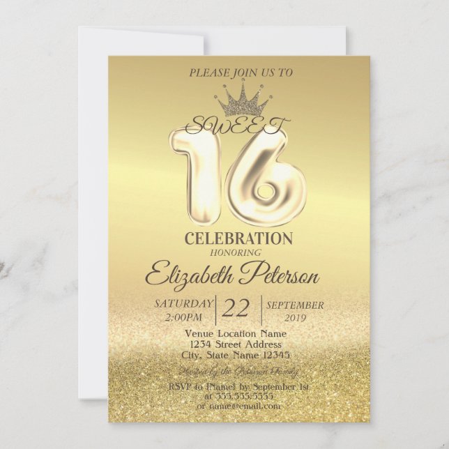 Gold Glitter Bokeh Ombre,Tiara,Sweet 16 Party Invitation (Front)