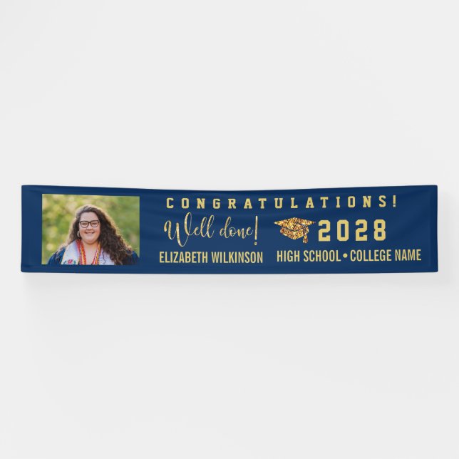 Gold Glitter Bold Script Custom Photo Graduation Banner (Horizontal)