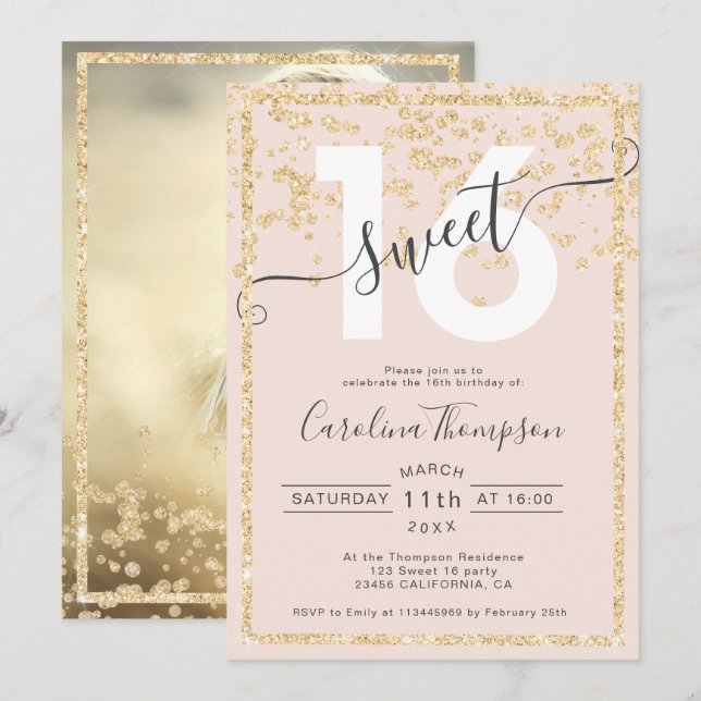 gold glitter border confetti blush Sweet 16 photo Invitation (Front/Back)
