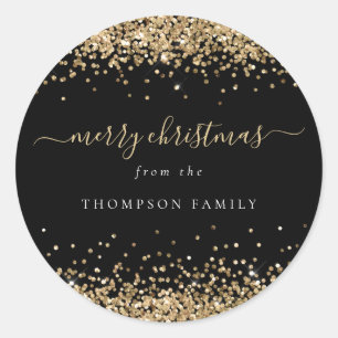 Gold Glitter Borders Name Merry Christmas Black Classic Round Sticker