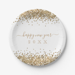 Gold Glitter Borders Script Happy New Year Paper Plate
