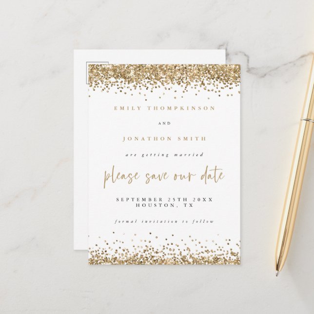 Gold Glitter Borders Script Wedding Save The Date  Announcement Postcard (Front/Back In Situ)