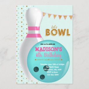 Gold glitter bowling party invitation