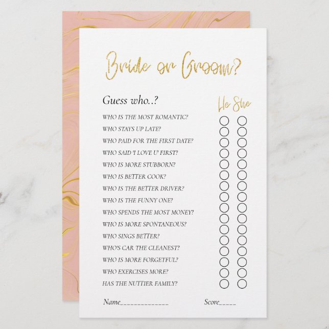 Gold Glitter Bridal Shower game Bride or Groom (Front/Back)