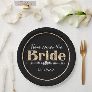 Gold Glitter Bride and Diamonds on Black Paper Plate