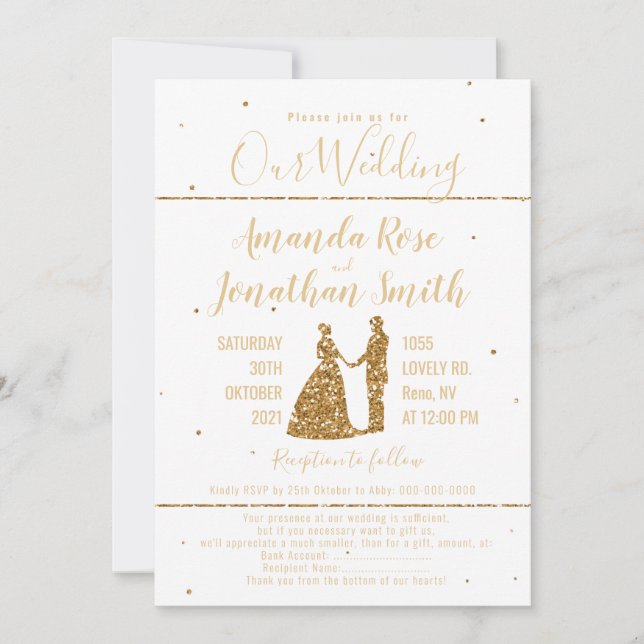 Gold glitter bride and groom white wedding invitat invitation (Front)
