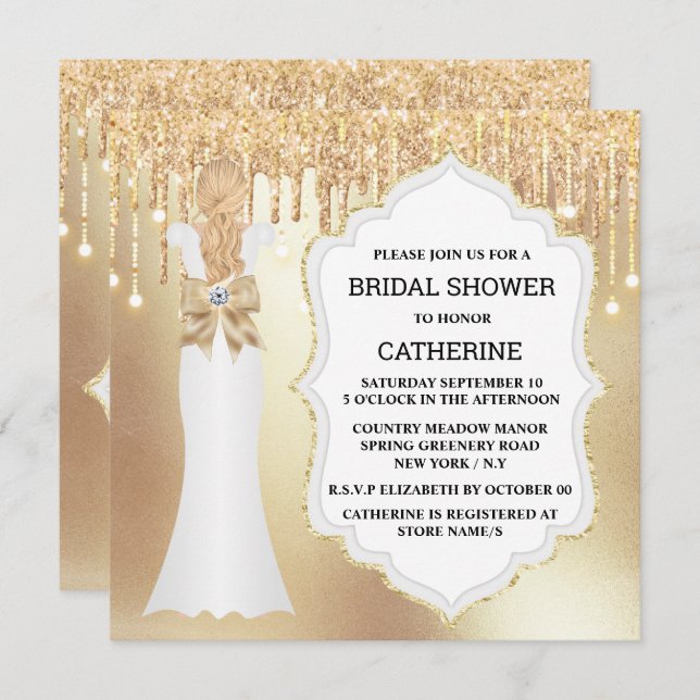 Gold glitter bride dress elegant luxurious shimmer invitation (Front/Back)