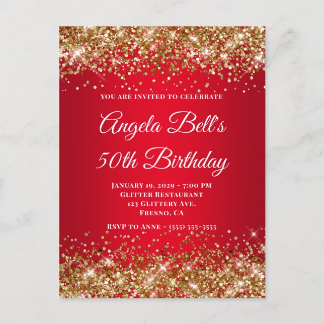 Gold Glitter Bright Red Ombre 50th Birthday Invitation Postcard (Front)