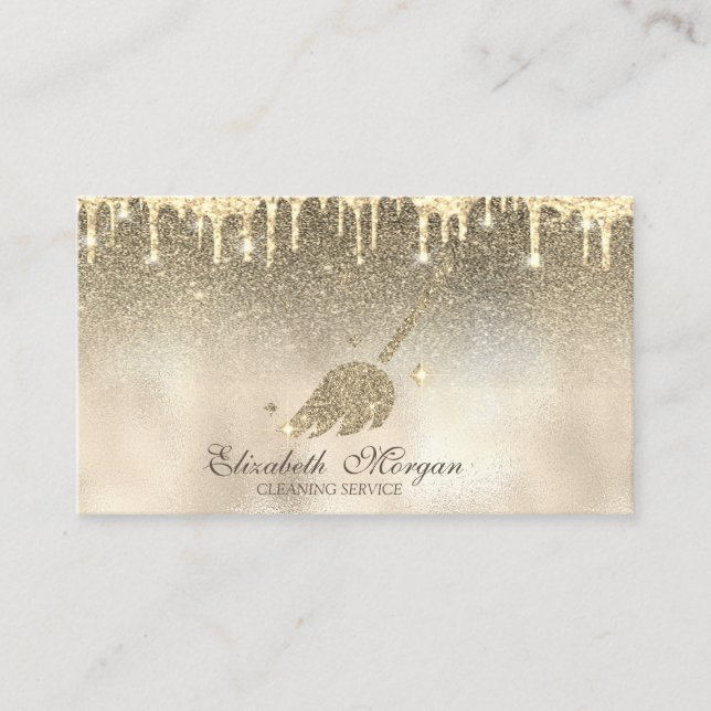 Gold Glitter Broom Maid Cleaning House Business Card (Front)