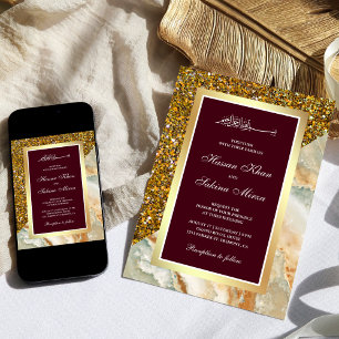 Gold Glitter Brown Marble Burgundy Muslim Wedding Invitation