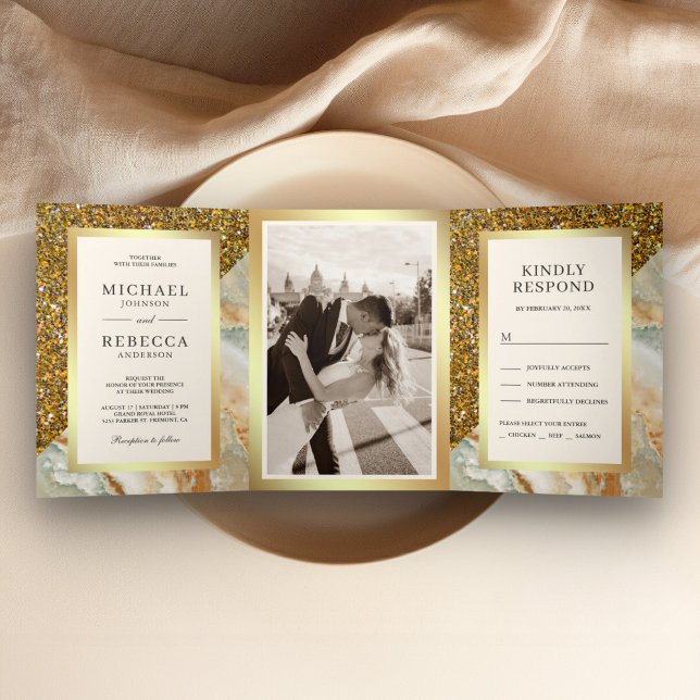 Gold Glitter Brown Marble Photo Wedding Tri-Fold Invitation (Creator Uploaded)