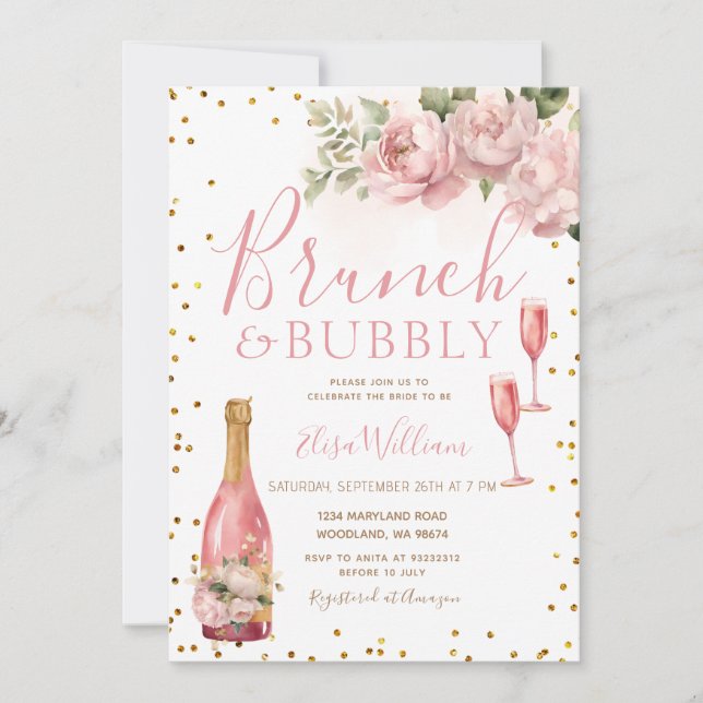 Gold Glitter Brunch and Bubbly  Bridal Shower Invitation (Front)