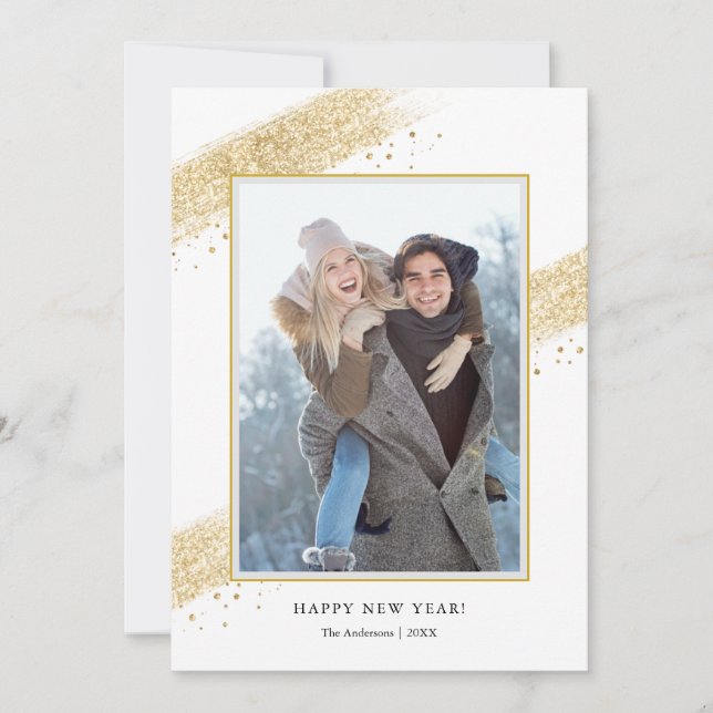 Gold Glitter Brush Strokes Happy New Year Photo Holiday Card (Front)