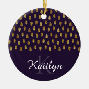 Gold Glitter Brush Strokes on Purple Ceramic Tree Decoration