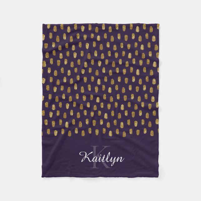 Gold Glitter Brush Strokes on Purple Fleece Blanket (Front)