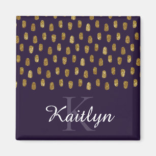 Gold Glitter Brush Strokes on Purple Magnet