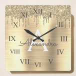 Gold Glitter Brushed Metal Monogram Name<br><div class="desc">Gold Faux Foil Metallic Sparkle Glitter Brushed Metal Monogram Name and Initial Luxury Wall Clock. This makes the perfect sweet 16 birthday,  wedding,  bridal shower,  anniversary,  baby shower or bachelorette party gift for someone that loves glam luxury and chic styles.</div>