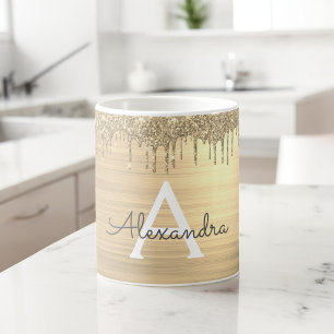Gold Glitter Brushed Metal Monogram Name Coffee Mug