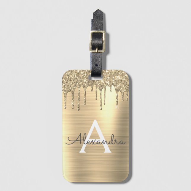 Gold Glitter Brushed Metal Monogram Name Luggage Tag (Front Vertical)