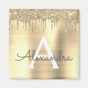 Gold Glitter Brushed Metal Monogram Name Magnet