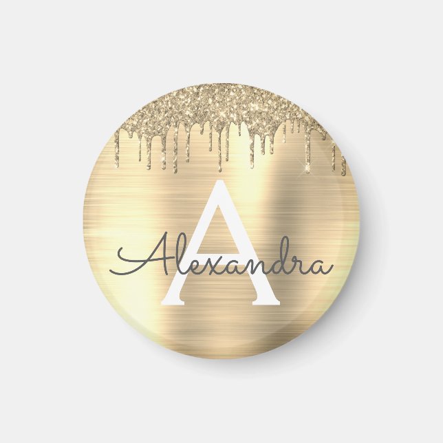 Gold Glitter Brushed Metal Monogram Name Magnet (Front)